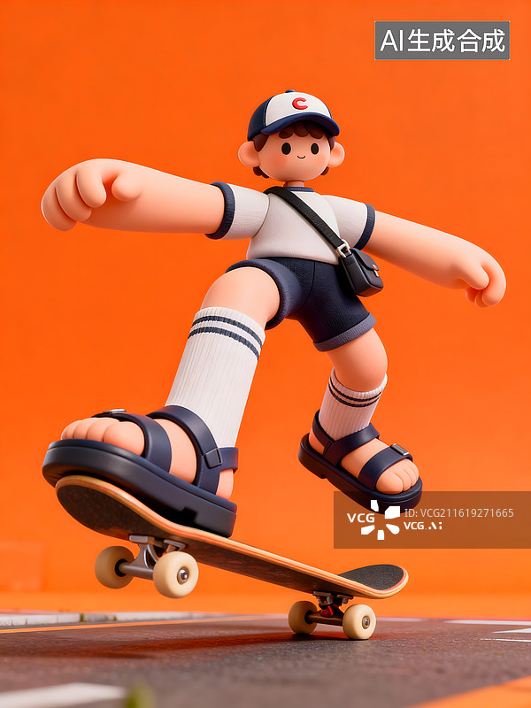 【AI数字艺术】卡通男孩滑板动作玩偶特写展示图片素材