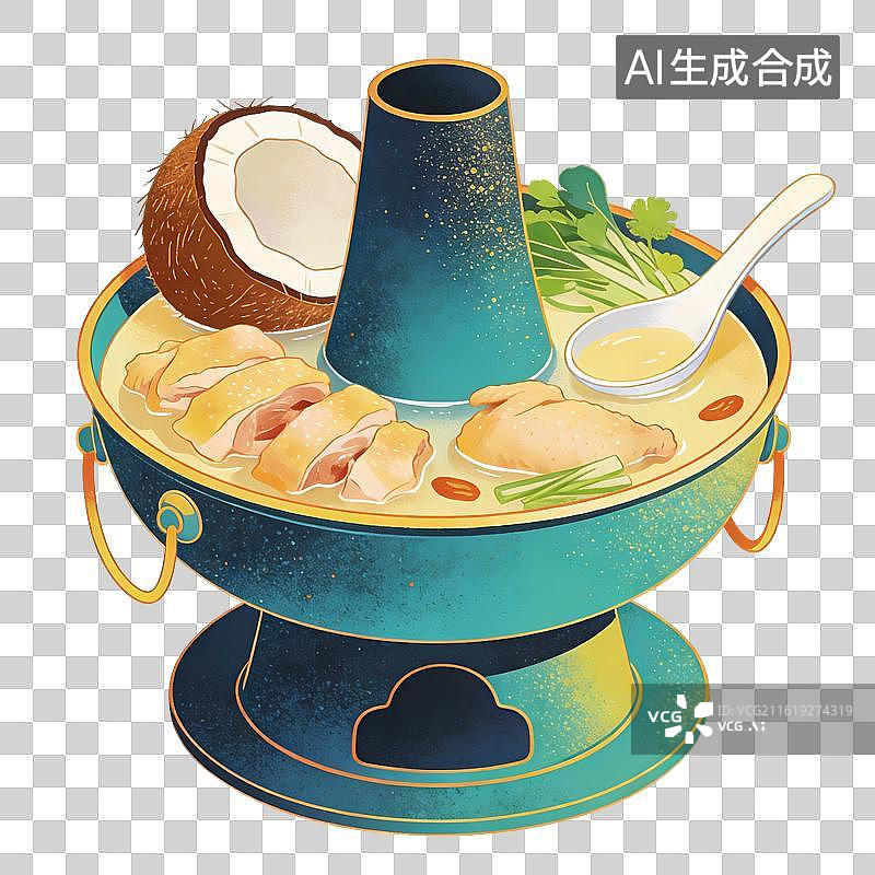 【AI数字艺术】椰子鸡火锅美食插画图片素材