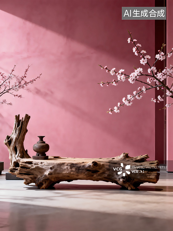 【AI数字艺术】粉色浪漫木桩桃花展台展厅场景图片素材