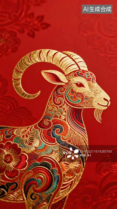 【AI数字艺术】彩绘羊图案红色背景图片素材