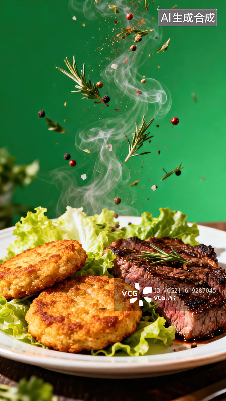 【AI数字艺术】牛排与炸饼配香草烟雾图片素材