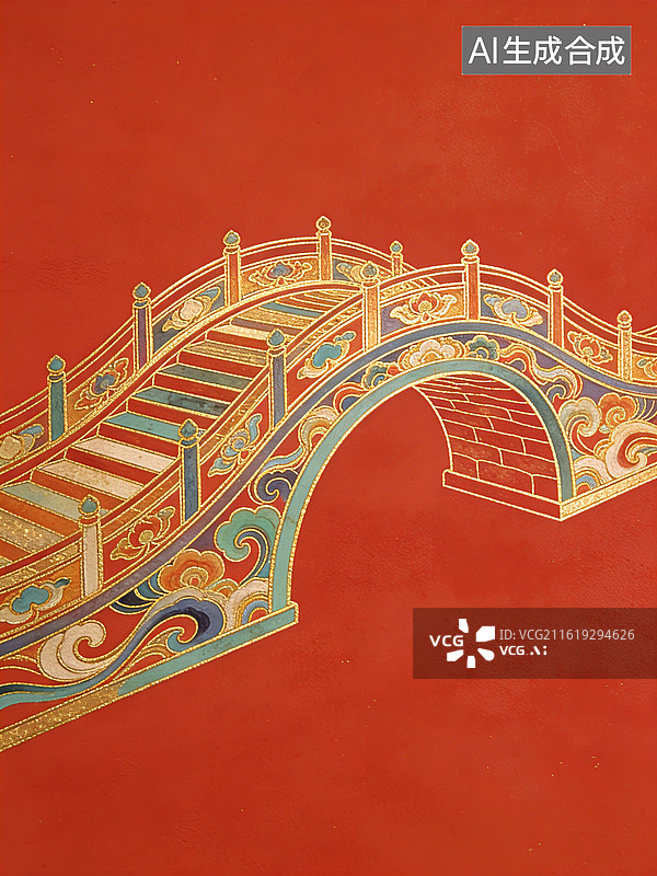 【AI数字艺术】敦煌纹，红色背景上的金色拱桥图案，桥上装饰有精美的花纹和栏杆，用于传统文化艺术展示图片素材