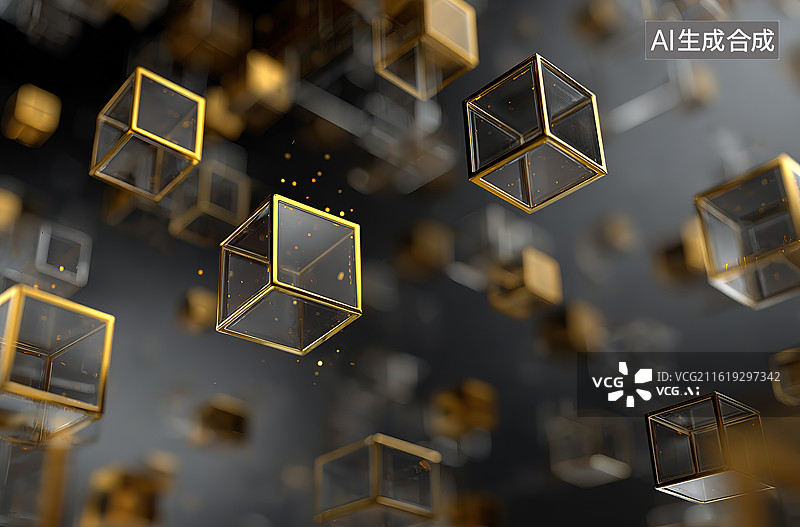 【AI数字艺术】金色立方体悬浮动态场景图片素材