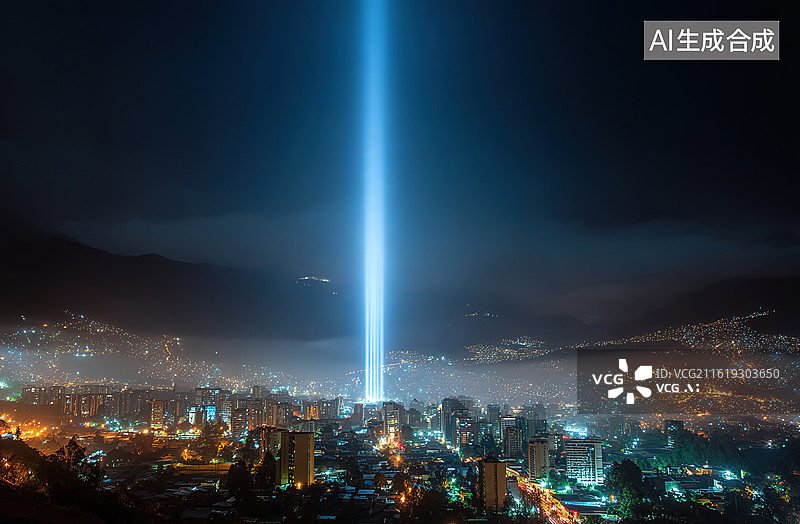 【AI数字艺术】城市夜景中光柱直冲云霄图片素材