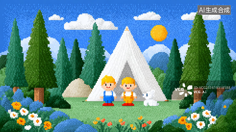 【AI数字艺术】像素风格的露营场景图片素材