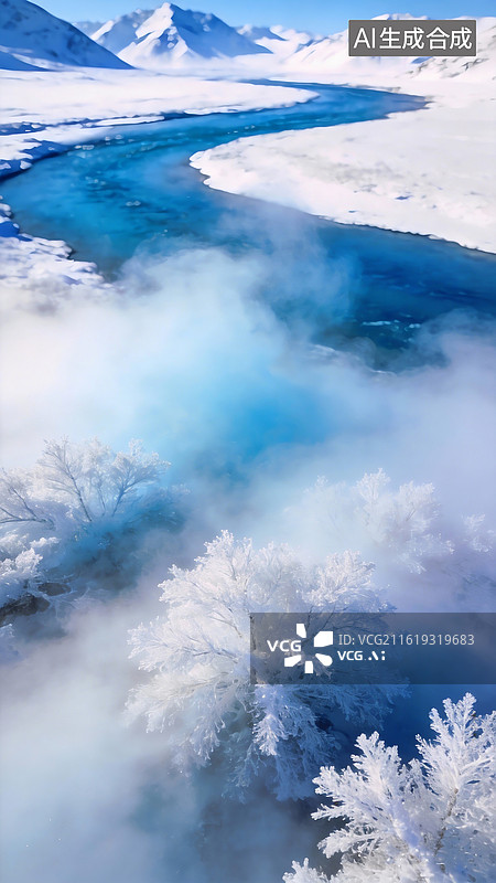 【AI数字艺术】淡蓝色雾气袅袅弥漫，远处的蓝白色河流与雪山只是模糊的轮廓，脚下的雾淞与雾气相互交融，不同色阶的蓝白色图片素材