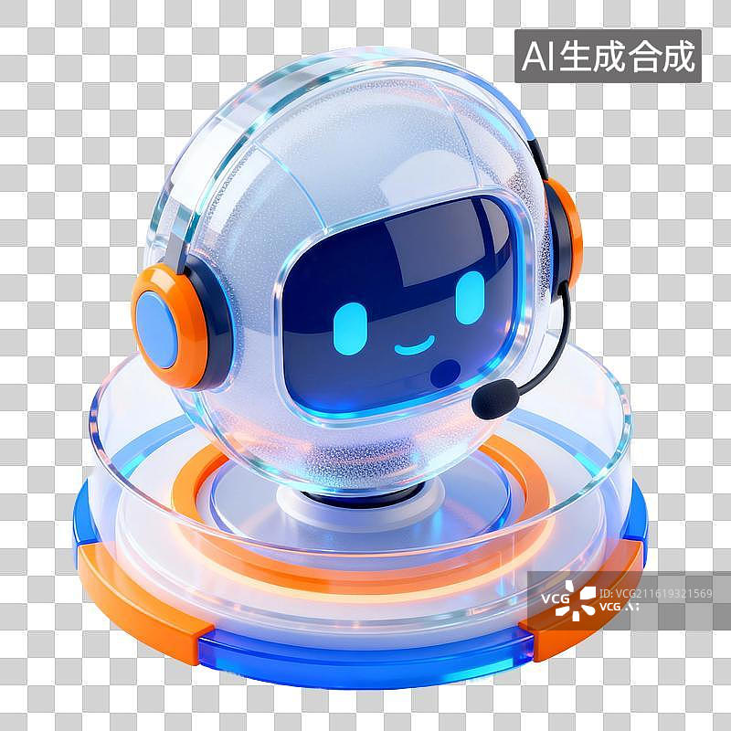 【AI数字艺术】3D渲染，透明质感，机器人客服，人工智能，可爱的卡通机器人，图形图标，免抠元素图片素材