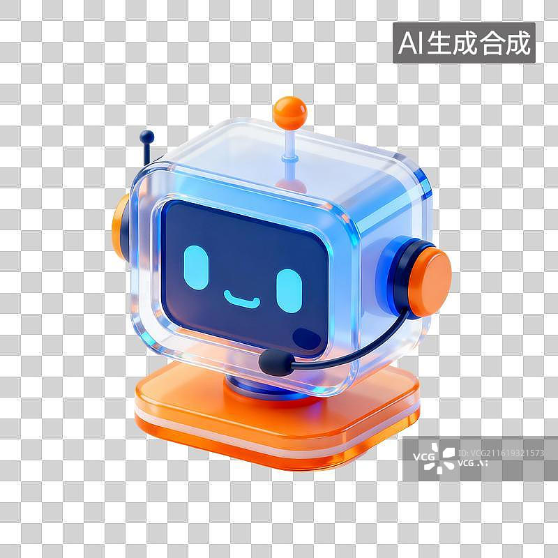【AI数字艺术】3D渲染，透明质感，机器人客服，人工智能，可爱的卡通机器人，图形图标，免抠元素图片素材
