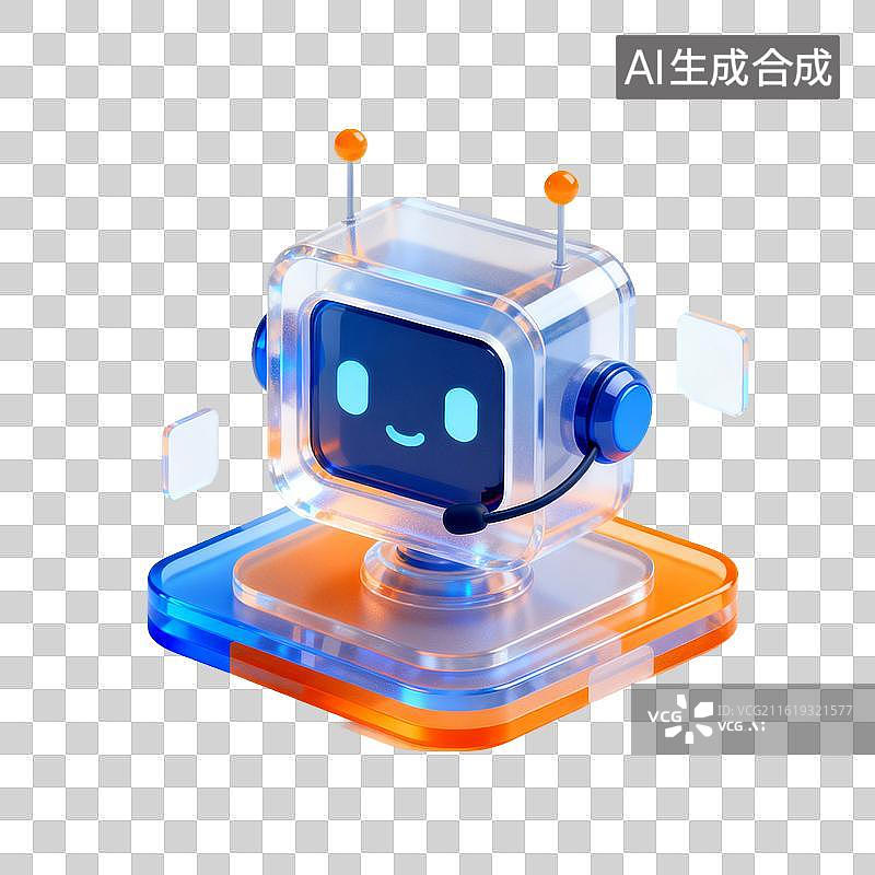 【AI数字艺术】3D渲染，透明质感，机器人客服，人工智能，可爱的卡通机器人，图形图标，免抠元素图片素材