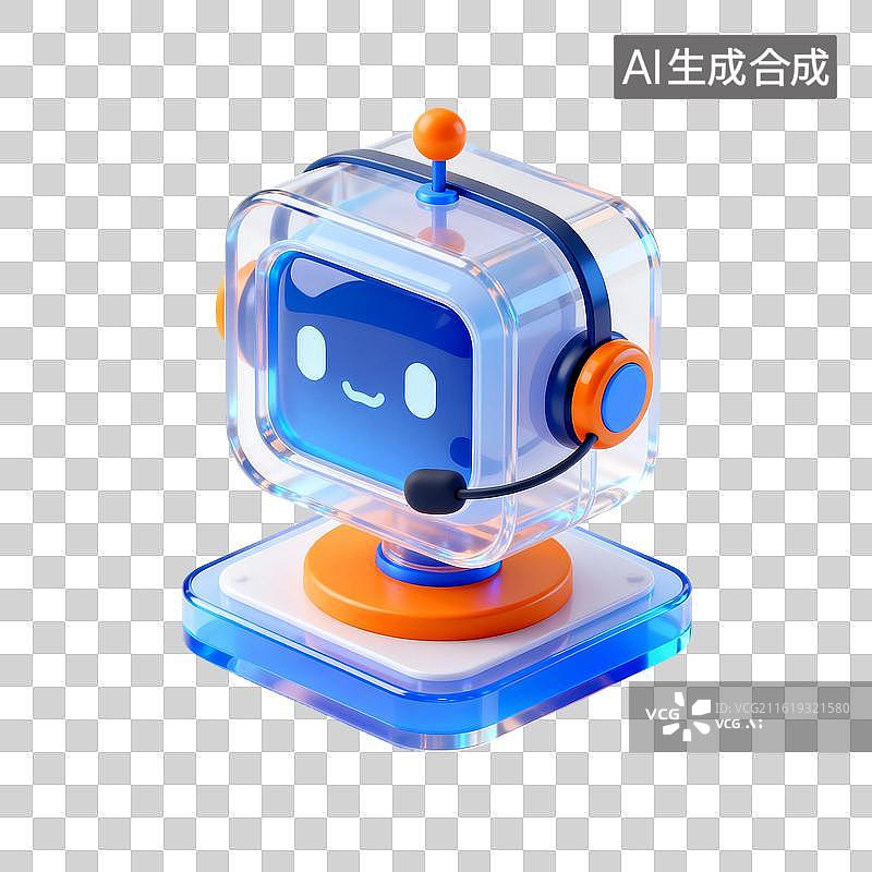 【AI数字艺术】3D渲染，透明质感，机器人客服，人工智能，可爱的卡通机器人，图形图标，免抠元素图片素材