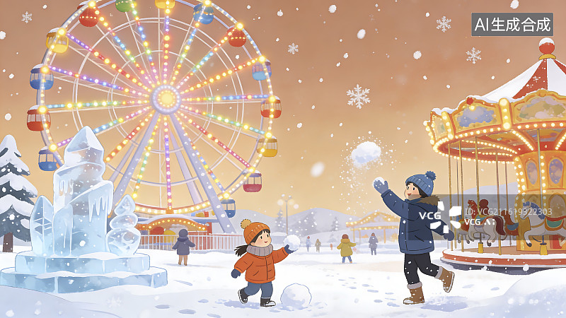 【AI数字艺术】冬日游乐园欢乐雪景图片素材