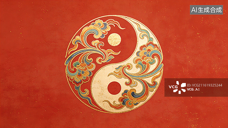 【AI数字艺术】敦煌纹，红色背景上金色阴阳太极图案，周围环绕着祥云图案，象征和谐平衡，用于传统文化宣传设计图片素材