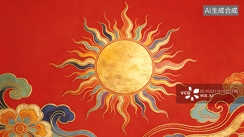 【AI数字艺术】敦煌纹，红色背景上金色太阳光芒四射，周围环绕着彩色云朵和花卉图案，用于传统文化设计图片素材