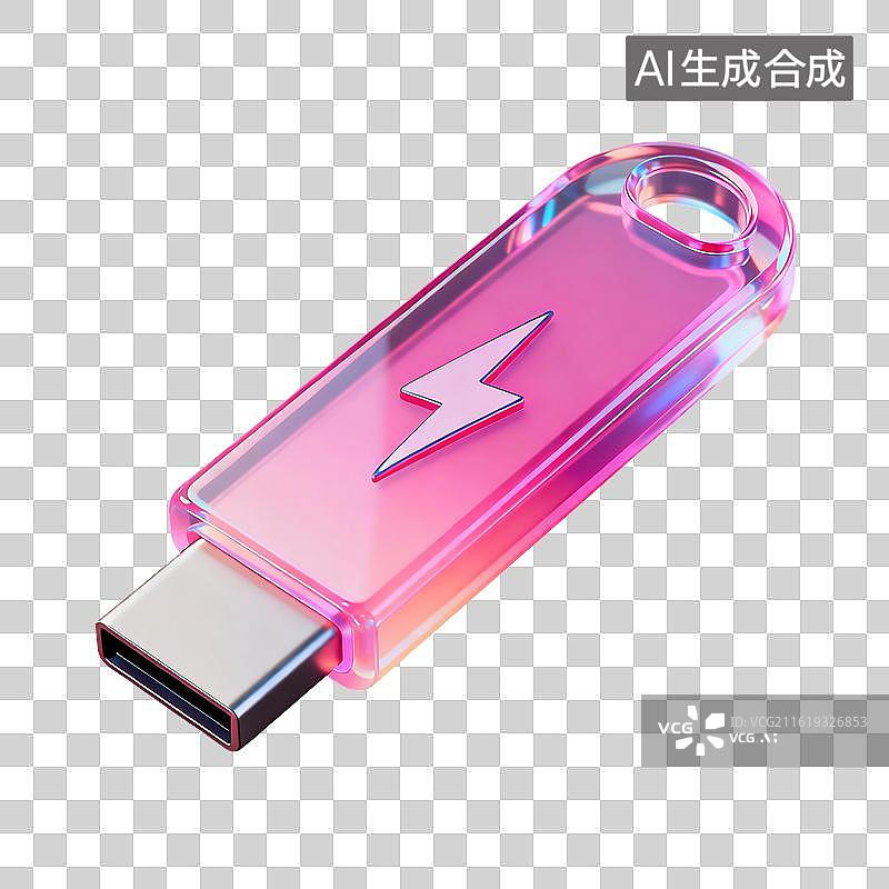 【AI数字艺术】3D渲染，粉色透明卡通U盘元素，免抠元素图片素材
