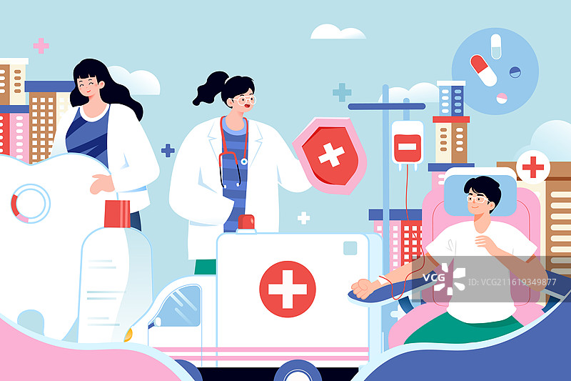 卡通急救医护团队保险医生护理药丸口腔牙科眼科城市生活电商医疗健康科技概念智能商务背景渐变矢量插画图片素材