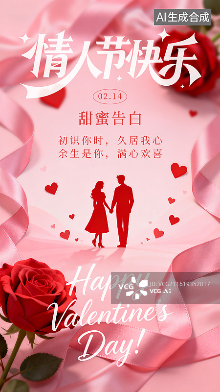 【AI数字艺术】情人节粉色绸带环绕着一对牵手男女红色剪影海报图片素材