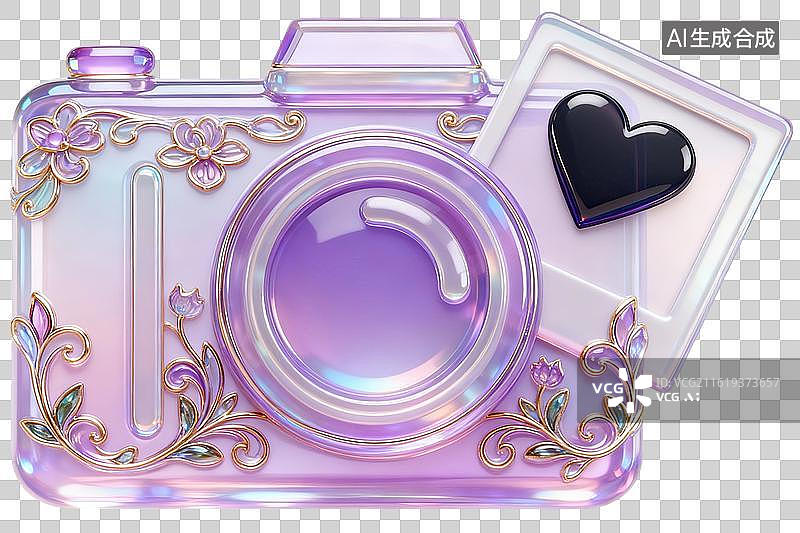 【AI数字艺术】紫色装饰相机与心形照片图片素材