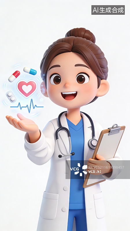 【AI数字艺术】白色背景下卡通女医生手持健康数据写字板手上悬浮全息投影心电图胶囊等医疗图标，医疗科普医护形象宣传插画图片素材