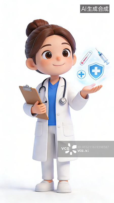 【AI数字艺术】白色背景下卡通女医生手持健康数据写字板手上悬浮全息投影心电图胶囊等医疗图标，医疗科普医护形象宣传插画图片素材