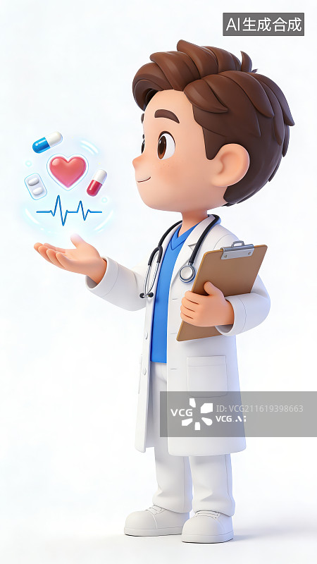 【AI数字艺术】白色背景下卡通男医生手持健康数据写字板手上悬浮全息投影心电图胶囊等医疗图标，医疗科普医护形象宣传插画图片素材