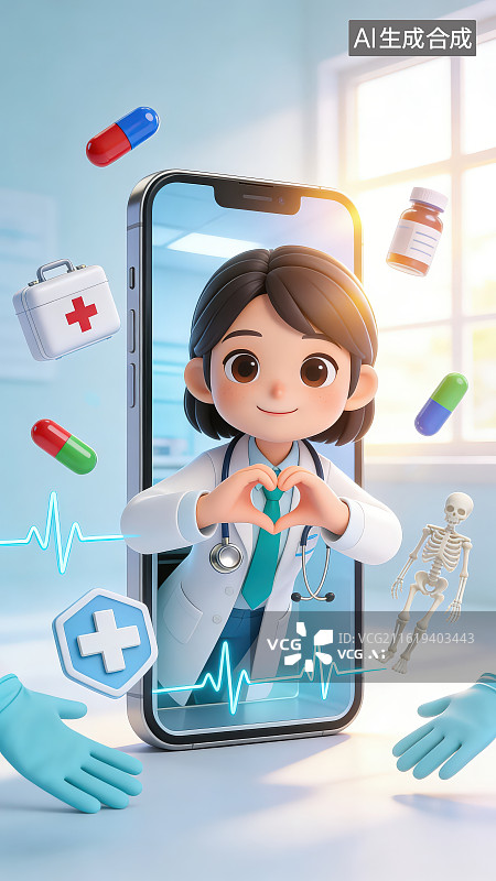 【AI数字艺术】白色背景下卡通女性医生从智能手机中探出头周边有胶囊人体骨骼构造医疗箱等图标，在线问诊医疗健康插画背景图片素材