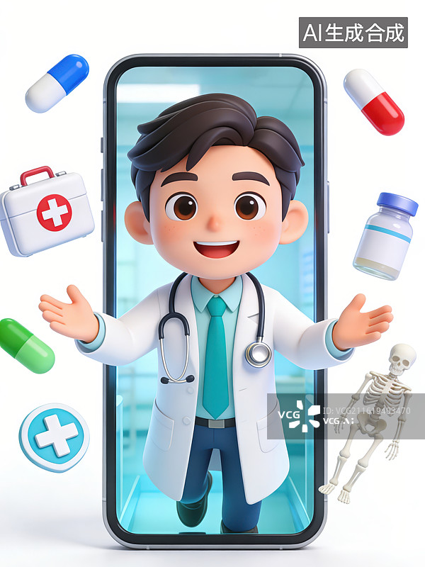 【AI数字艺术】白色背景下卡通男性医生从智能手机中探出头周边有胶囊人体骨骼构造医疗箱等图标，在线问诊医疗健康插画背景图片素材