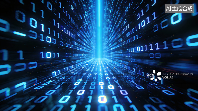 【AI数字艺术】蓝色发光大数据二进制代码0和1组成矩阵，二进制数字科技网络信息安全防护数据传输未来隧道背景图片素材