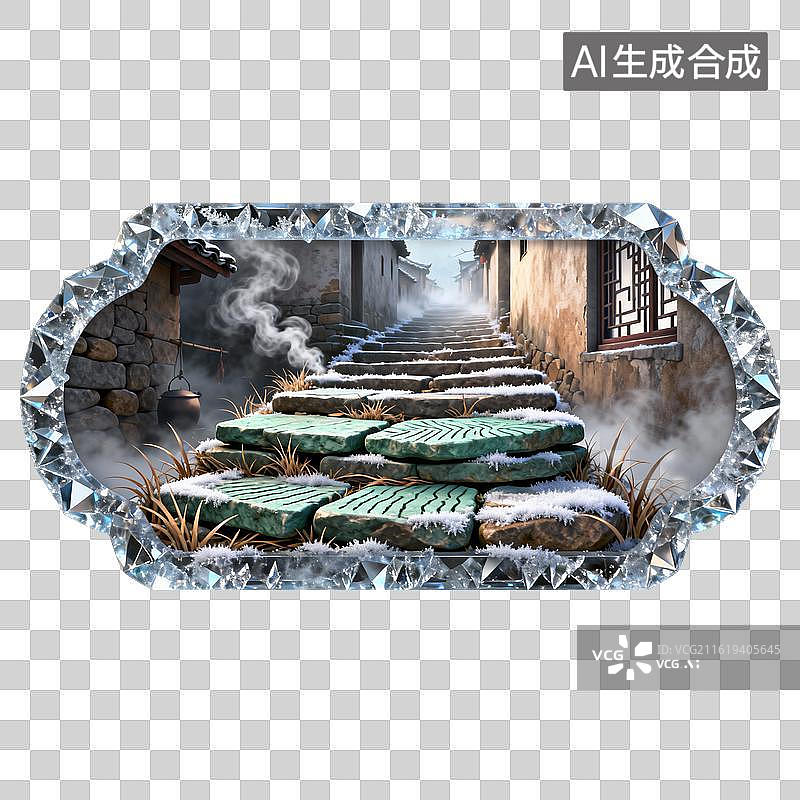 【AI数字艺术】镶钻边框里的古巷雪景图片素材