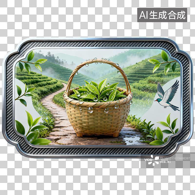 【AI数字艺术】茶田竹篮盛新茶图片素材