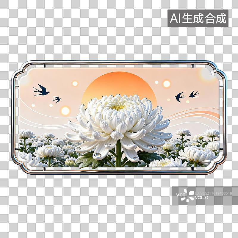 【AI数字艺术】白菊花海与飞鸟朝阳图图片素材