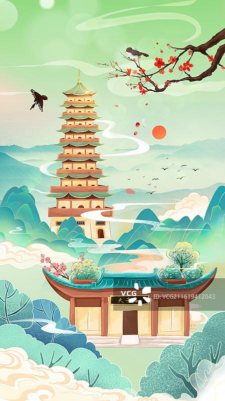 2025国风城市地标建筑海报 城市系列画册 江苏南京灵谷塔和夫子庙 青山和梅花背景 竖版图片素材