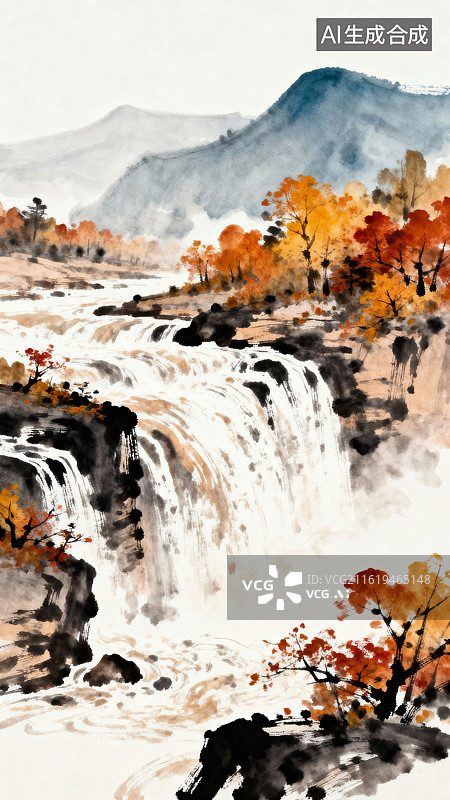【AI数字艺术】深秋的树木落叶湍急的瀑布山峰自然风景水彩插画图片素材