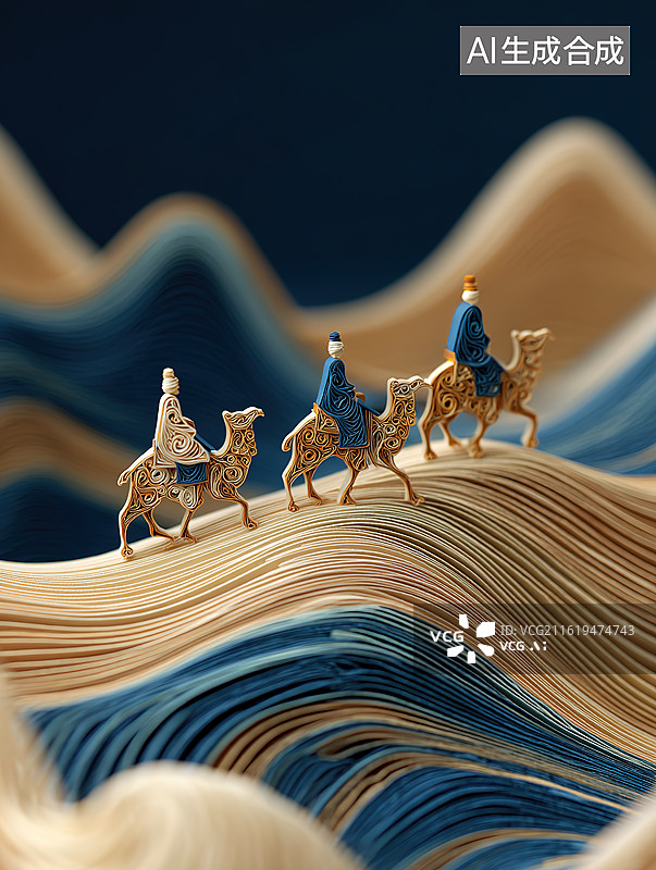 【AI数字艺术】刺绣风格沙漠中的驼队丝绸之路主题插画图片素材