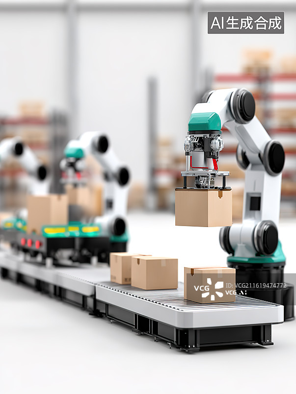【AI数字艺术】工厂车间自动装卸货物的机械臂和卡车智慧物流概念插画图片素材