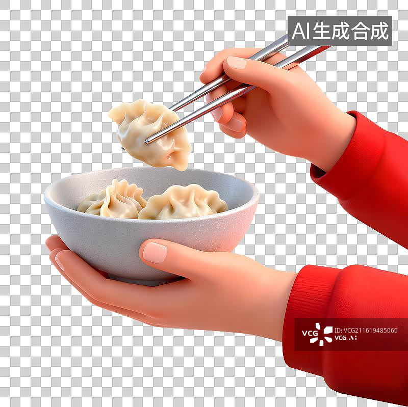 【AI数字艺术】3D渲染轻拟物筷子夹饺子插画免抠素材图片素材