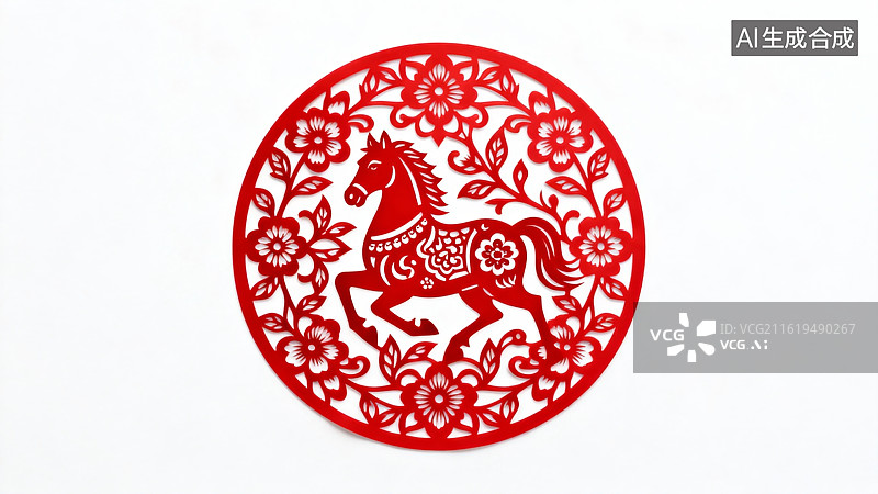 【AI数字艺术】2026马年传统剪纸红色圆形骏马花纹装饰图案图片素材