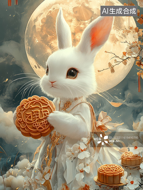 【AI数字艺术】国潮风捧着月饼可爱的玉兔满月中秋节主题插画图片素材