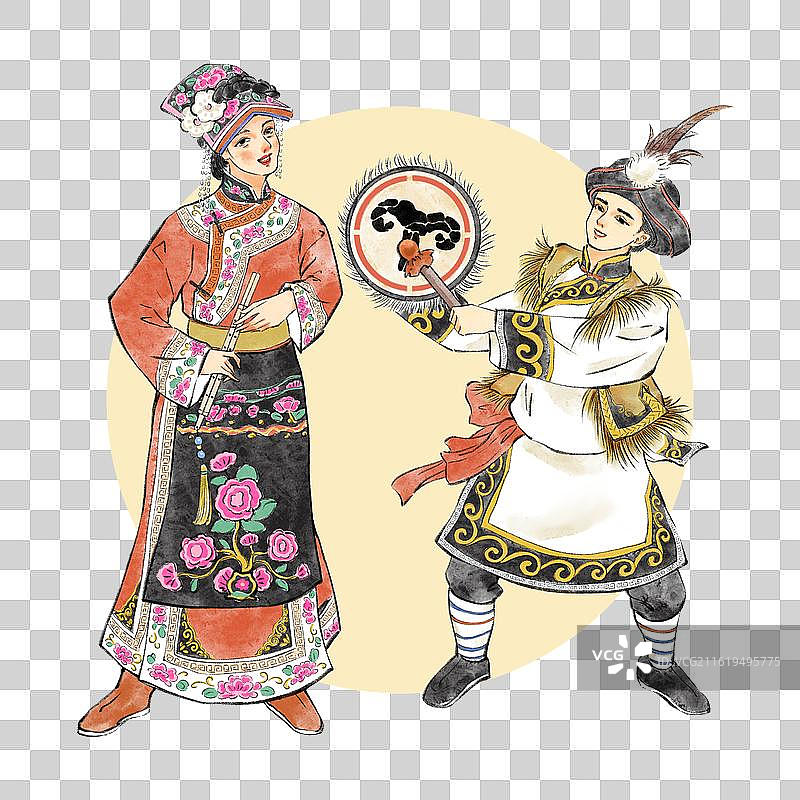 56民族，四川省阿坝羌族自治州少数民族羌族，羌笛，羊皮鼓。图片素材