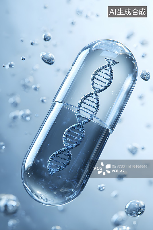 【AI数字艺术】透明胶囊中的DNA双螺旋——生物科技与医学创新概念图图片素材
