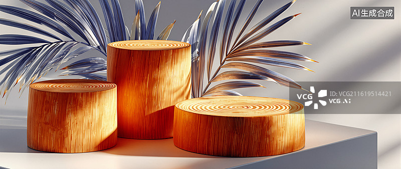 【AI数字艺术】三个木桩与棕榈叶图片素材