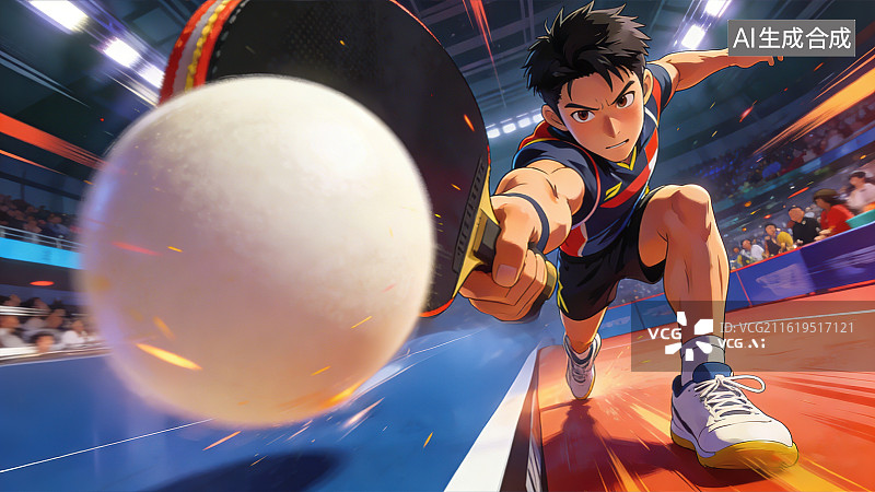 【AI数字艺术】乒乓球运动员发球接球比赛 超广角镜头鱼眼大透视角度构图 动漫风格卡通手绘插画创意海报KV背景图片素材