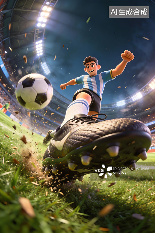 【AI数字艺术】卡通风格球员在体育场踢足球特写镜头图片素材