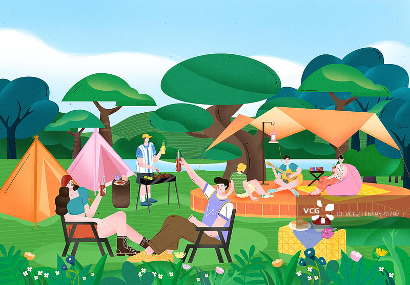 人们坐在天幕下一起弹吉他。朋友们在营地帐篷烧烤举杯欢庆。夏令营度假手绘海报。露营手绘插画图片素材