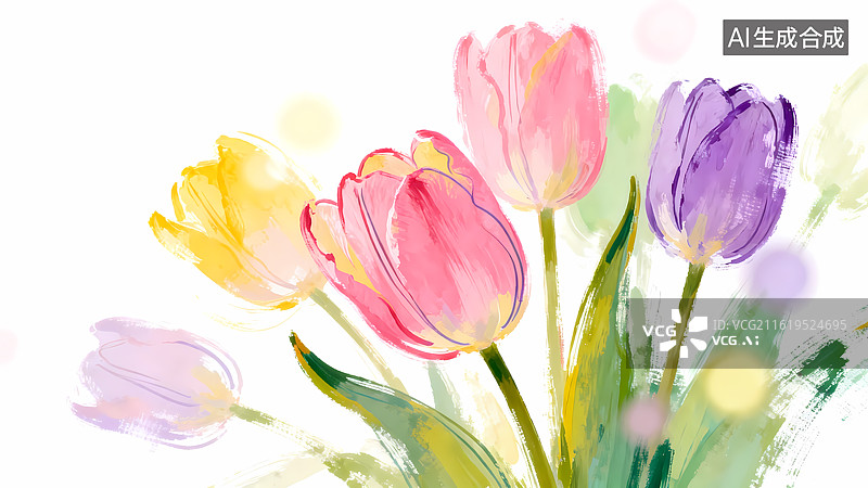 【AI数字艺术】水彩画多彩郁金香花束图片素材