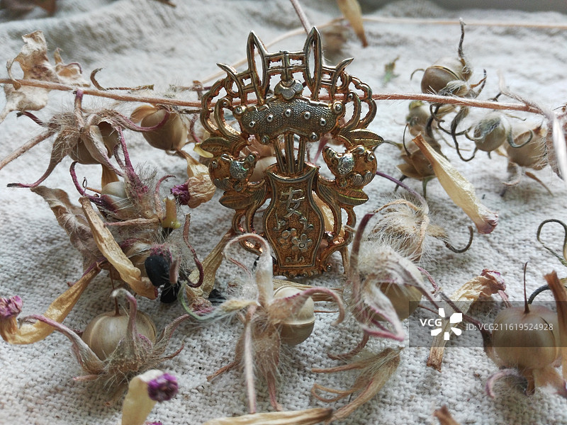 老银鎏金传统工艺首饰品。童子。树叶喇叭牵牛花种子籽图片素材