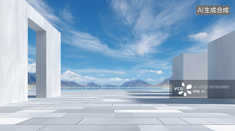 【AI数字艺术】现代建筑与雪山远景图片素材