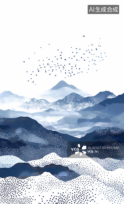 【AI数字艺术】抽象水墨蓝调山水飞鸟图图片素材