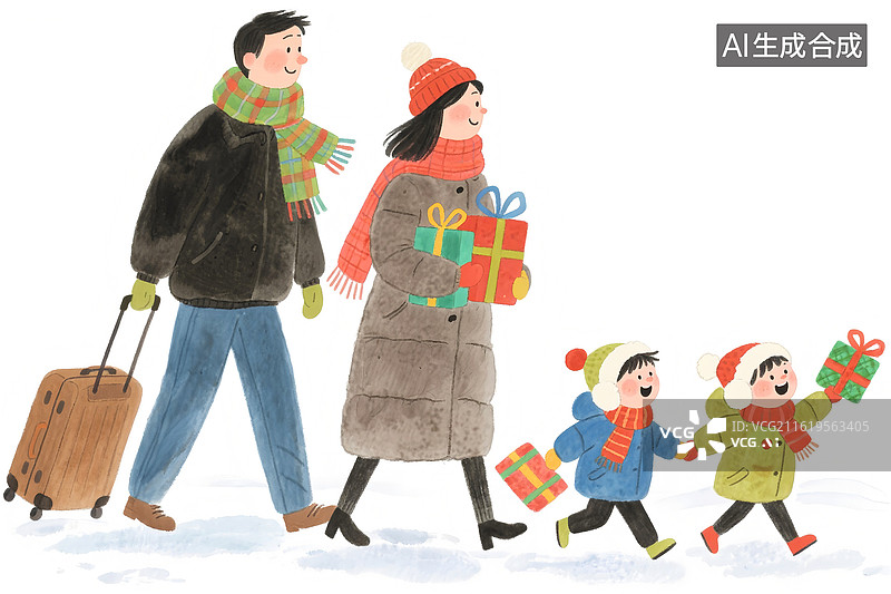 【AI数字艺术】手绘插画春节一家人回家图片素材
