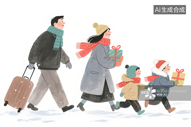 【AI数字艺术】手绘插画春节一家人回家图片素材