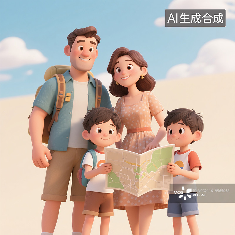 【AI数字艺术】3D渲染卡通人物，一家人去旅游，旅行，自驾游，露营图片素材